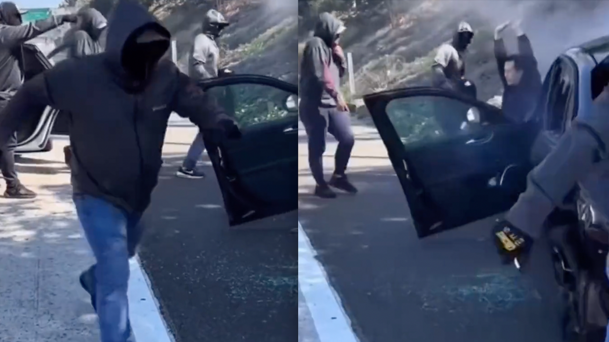 Terrifying video shows motorist on knees with hands up as masked robbers who crashed into his luxury car on LA freeway ransack wrecked vehicle, make getaway