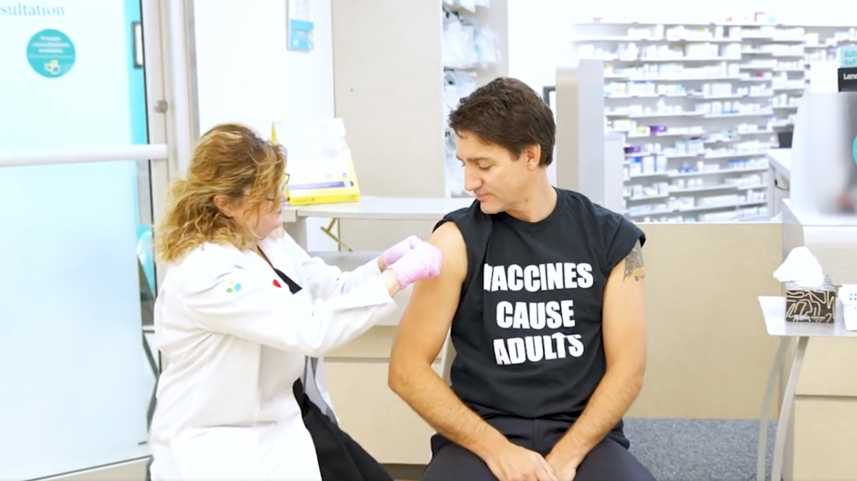 Trudeau pushes COVID-19 and flu shots, sports shirt that says 'VACCINES CAUSE ADULTS'