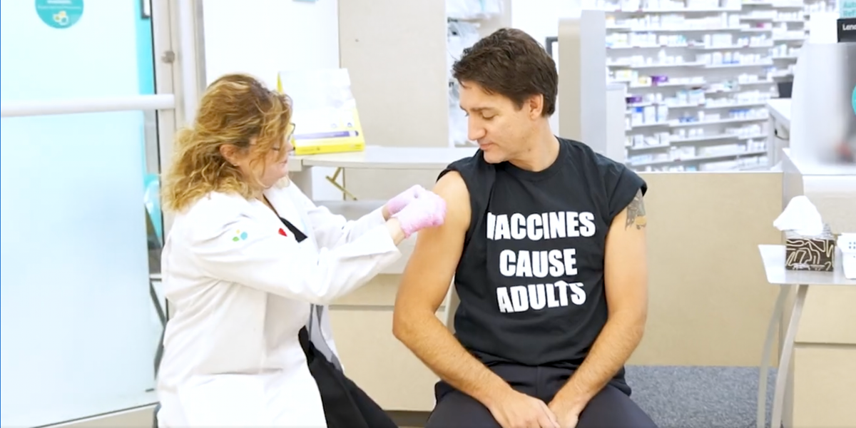 NextImg:Trudeau pushes COVID-19 and flu shots, sports shirt that says 'VACCINES CAUSE ADULTS' | Blaze Media