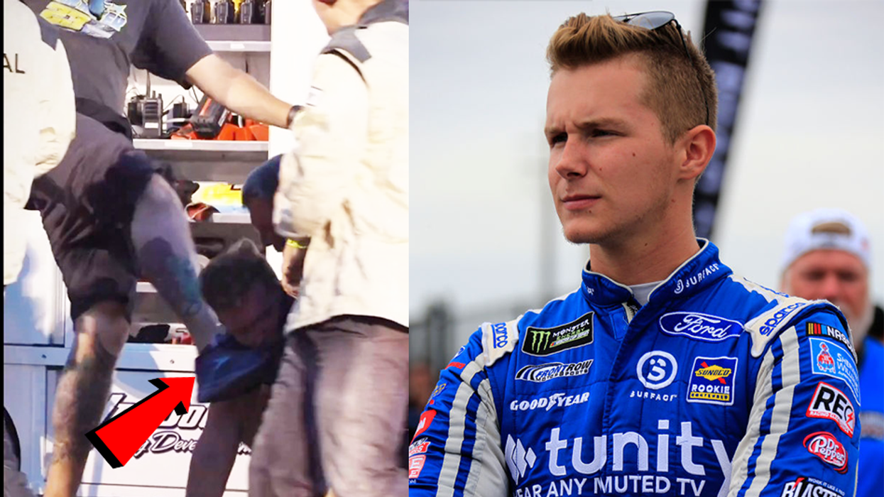 'Hey, what the f***?!' Former NASCAR driver gets kicked in the face by a crew member during post-race brawl