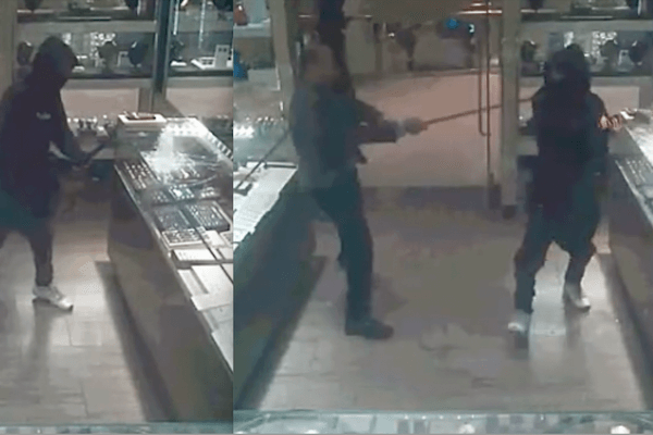 Video: Stick-wielding jewelry store owner lowers the boom on brazen trio of masked, hooded crooks trying smash-and-grab heist