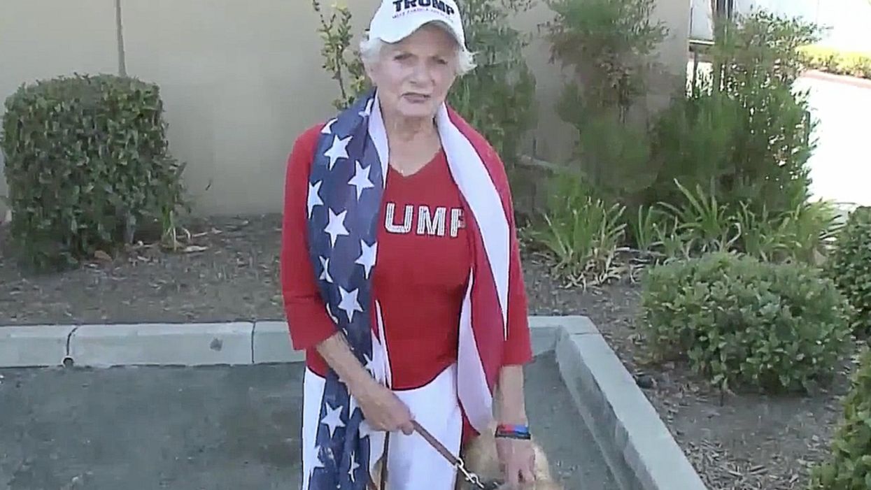 Man reportedly burns pro-Trump sign, punches elderly woman, pulls pocketknife during rally. Then a retired cop jumps into action.
