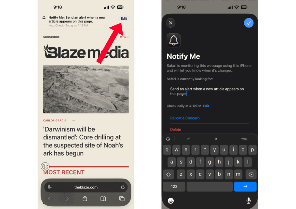 Notify Me Edit Options in Safari on iOS 27
