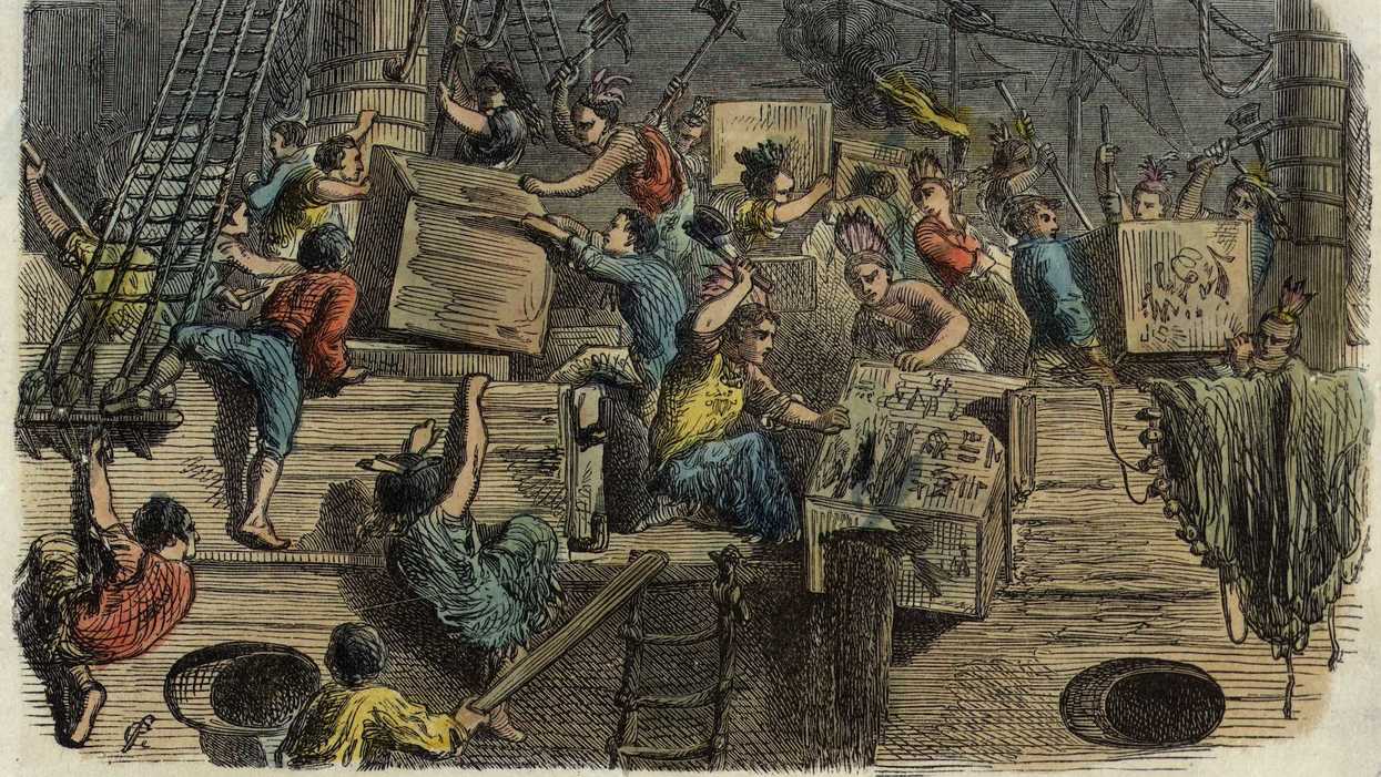 Patriots storm ships in Boston Harbor, hurl tens of thousands of pounds of expensive tea overboard