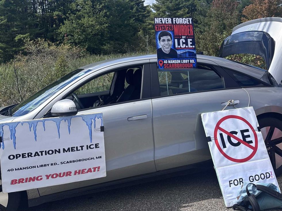 Rich Nowak's car display at the Scarborough, Maine, anti-ICE protest on Sept. 18