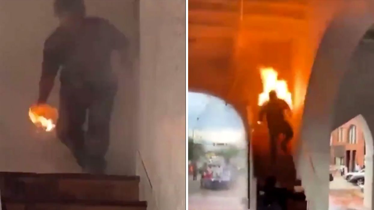 Rioter gets taste of his own medicine when he throws Molotov cocktail, but catches himself on fire instead