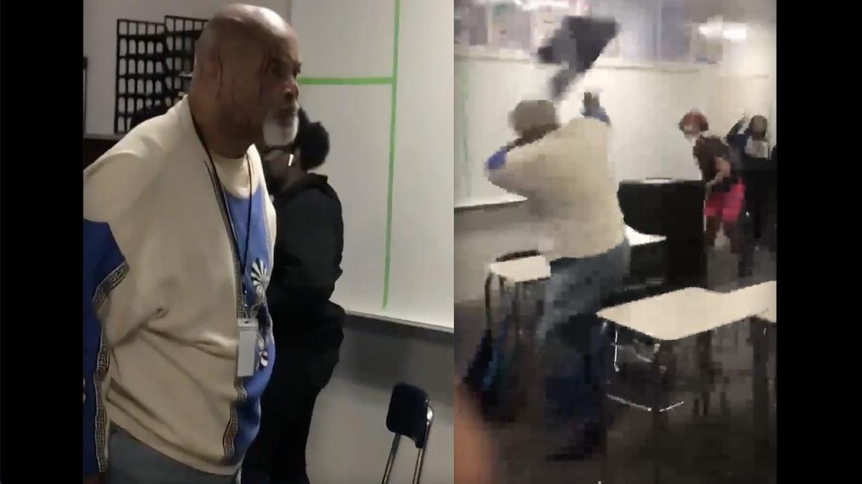 Substitute teacher left bloody in chair-throwing fight with middle schoolers caught on video. Official says students attacked first in classroom fracas.
