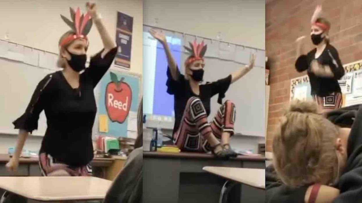 Teacher caught on video wearing 'feathers,' imitating Native American chanting, dancing in front of class. She's now on leave for 'offensive' actions.