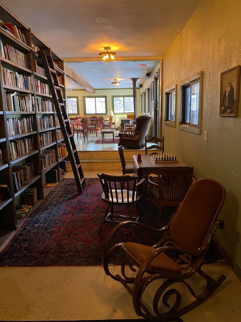 The library in Wyoming's Wagon Box resort is home to a wide range of titles, including books from G.K. Chesterton and Leo Tolstoy.