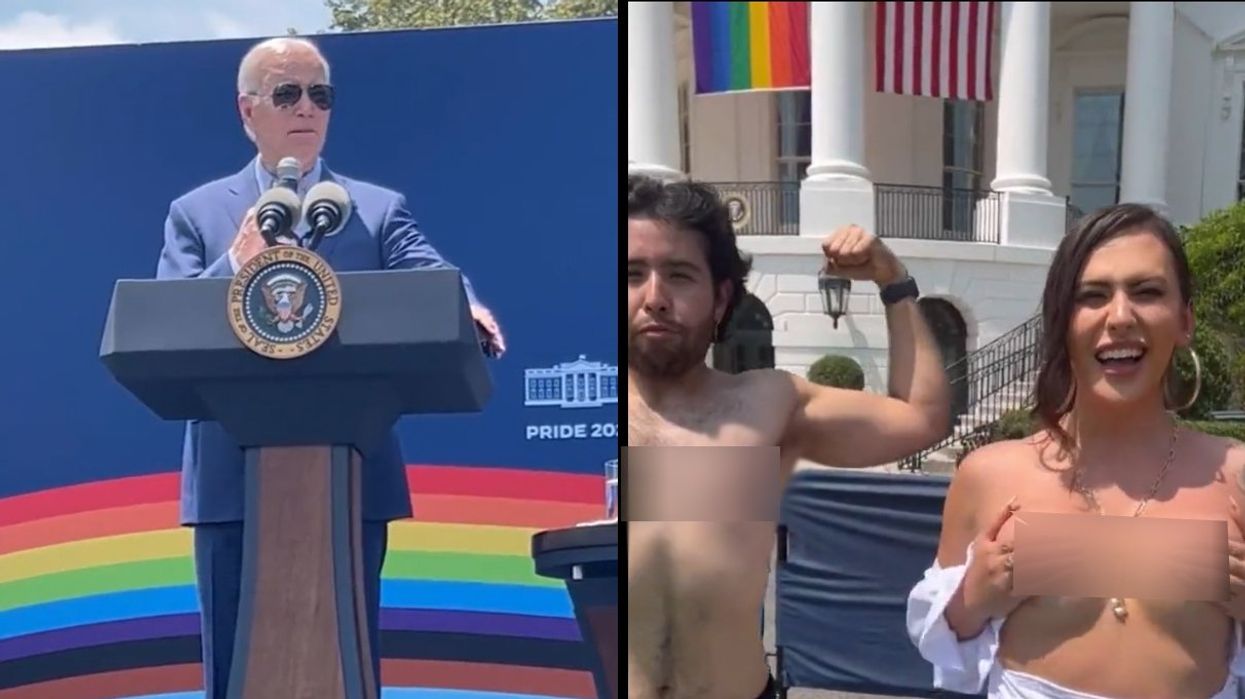 Transvestite flashes fake breasts below White House's prominently flown Pride flag after taking photo with Bidens