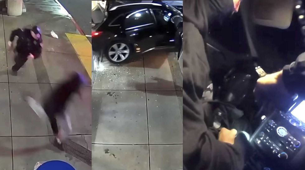 Unbelievable police video shows cop accidentally kidnapped by getaway driver after armed robbery