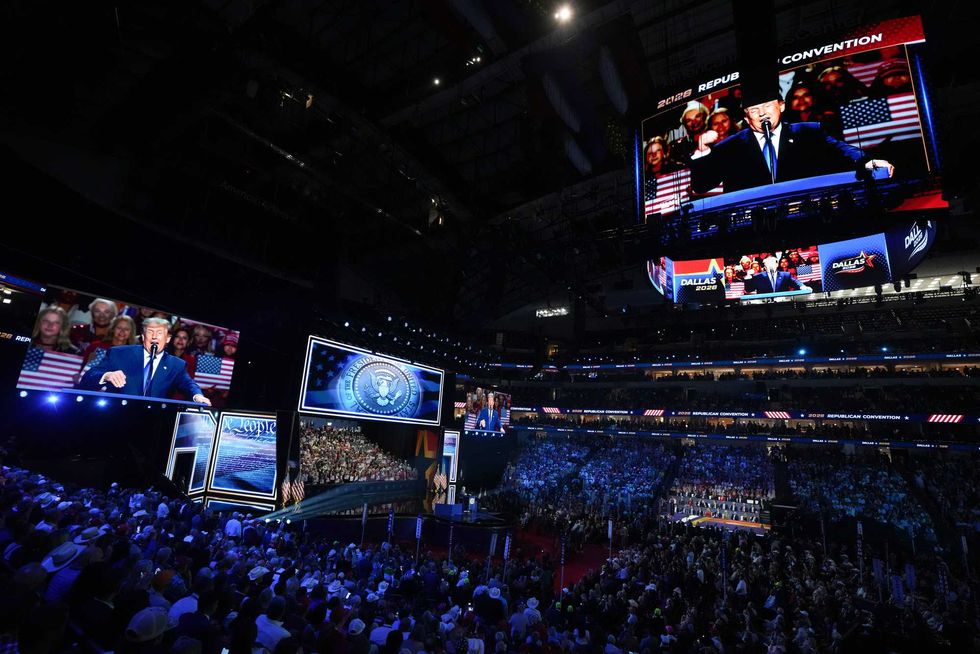US President Donald Trump, cener left, speaks during the first day of the Republican Midterm Convention at the American Airlines Center in Dallas, Texas, US, on Wednesday, Sept. 9, 2026.