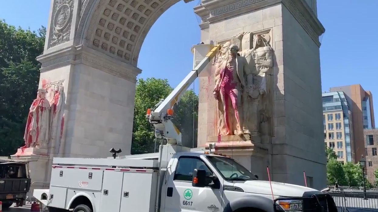 Vandals splatter NYC's iconic Washington Square Park arch with balloons full of red paint