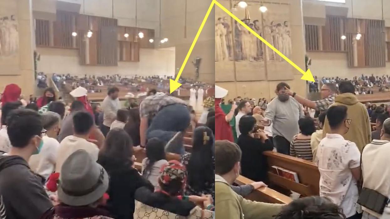 Video: Fed-up man climbs over pew, stops red-robed pro-abortion demonstrators in their tracks, cutting short their disruption of Catholic mass