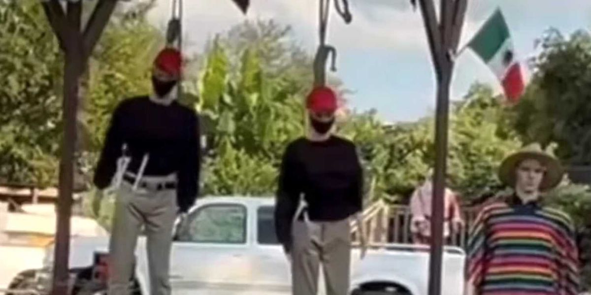 VIDEO: Grotesque Halloween display shows MAGA mannequins hanging by rope with Mexican flag flying above VIDEO: Grotesque Halloween display shows MAGA mannequins hanging by rope with Mexican flag flying above