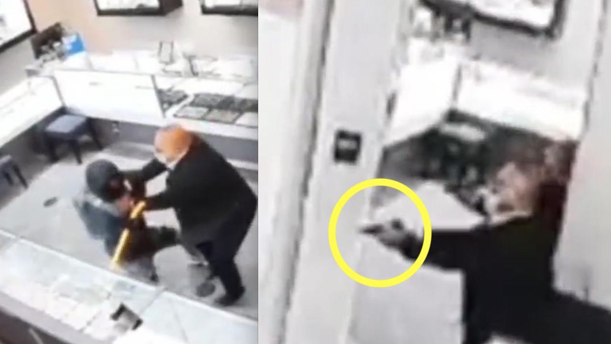 Video: Jewelry store owner fights crowbar-wielding robber who smashes display case. But when owner pulls gun, crook takes off running.