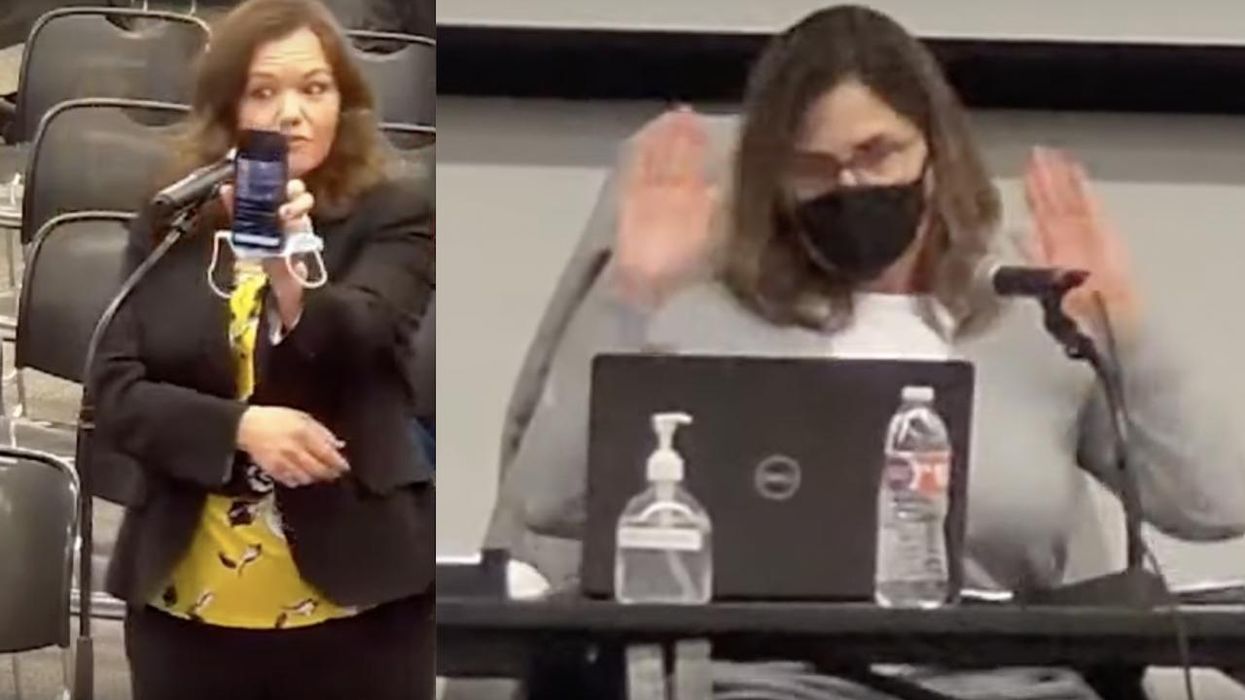VIDEO: Parent rips school board chair's mask hypocrisy — with visual proof — and irate chair asks cop to remove her. When that fails, board chair storms out.