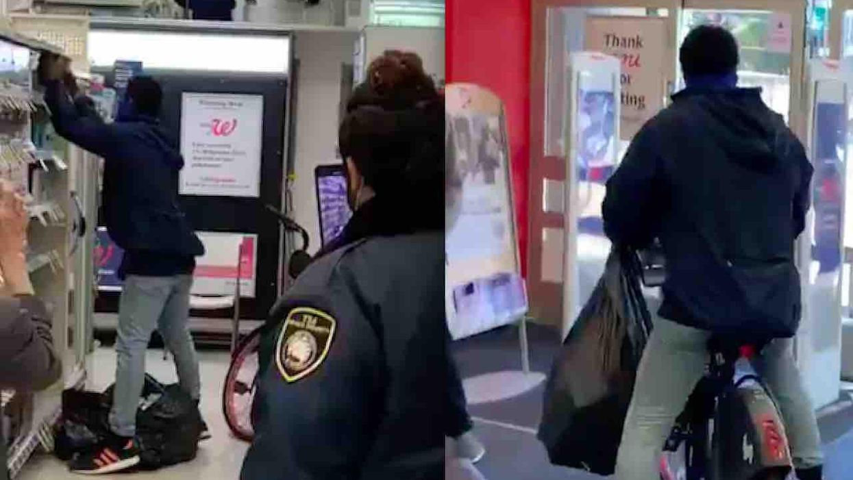 VIDEO: Thief brazenly fills trash bag with store items as security guard records the crime — and crook easily bicycles past guard and out the door