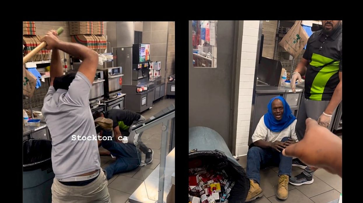 Video: Two 7-Eleven workers thrash would-be thief who tried to wheel away trash can full of cigarettes