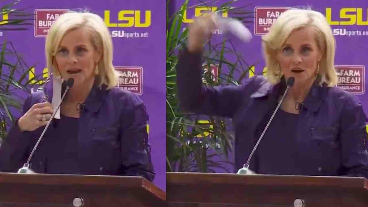 'Well, I'mma take this d**n mask off!': New LSU coach tosses aside her COVID-19 mask as crowd cheers. But leftists are very, very offended.