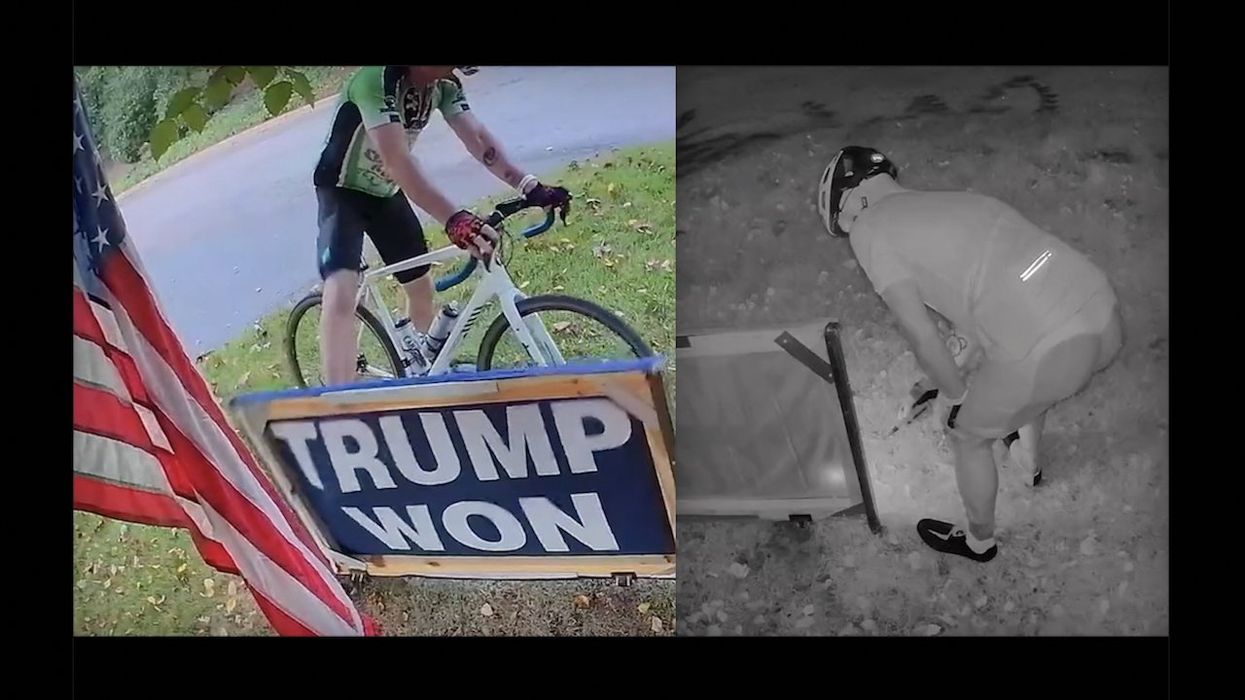 Woke bicyclist caught on video kicking then torching 'Trump Won' yard sign and running away. 'Help me make him a felon,' GOP activist sign owner requests.